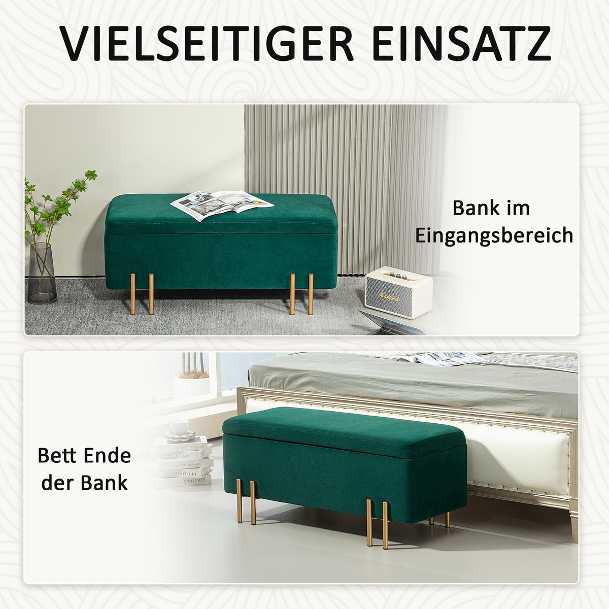 TRUHENBANK Metall, Kautschukholz, Schaumstoff Grün - Grün, Textil (40/42/100cm) - HOMCOM