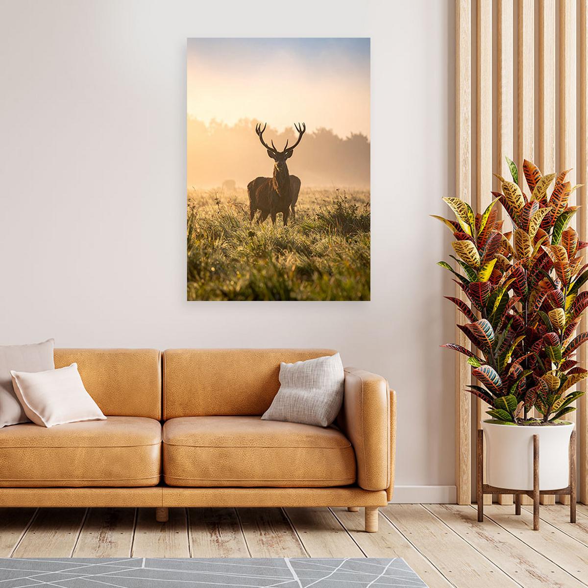 LEINWANDBILD Landschaft Hirsch auf der Brunft am Morgen 80x120cm - Beige, Textil (80/120cm) - Feeby