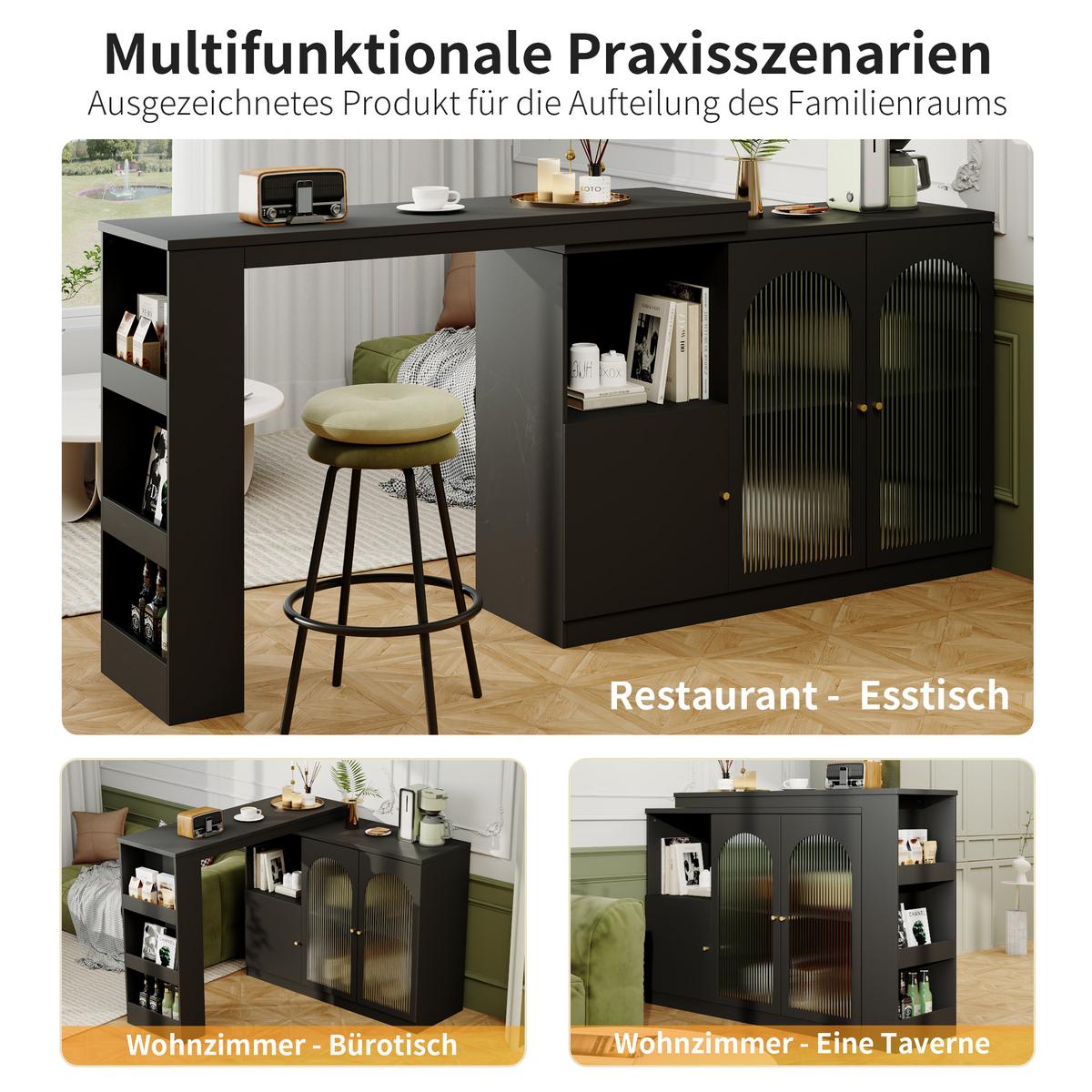BARSCHRANK 360° drehbar & schwarz mit glastüren & flexiblem bartisch - Schwarz, Holzwerkstoff (40/120/97cm) - Urban Meuble