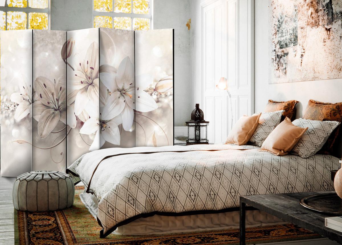 PARAVENT 5-tlg 225x172 cm Weiße Lilienblüten Abstraktion - Weiß, Holz/Textil (225/172/3cm) - Muralo