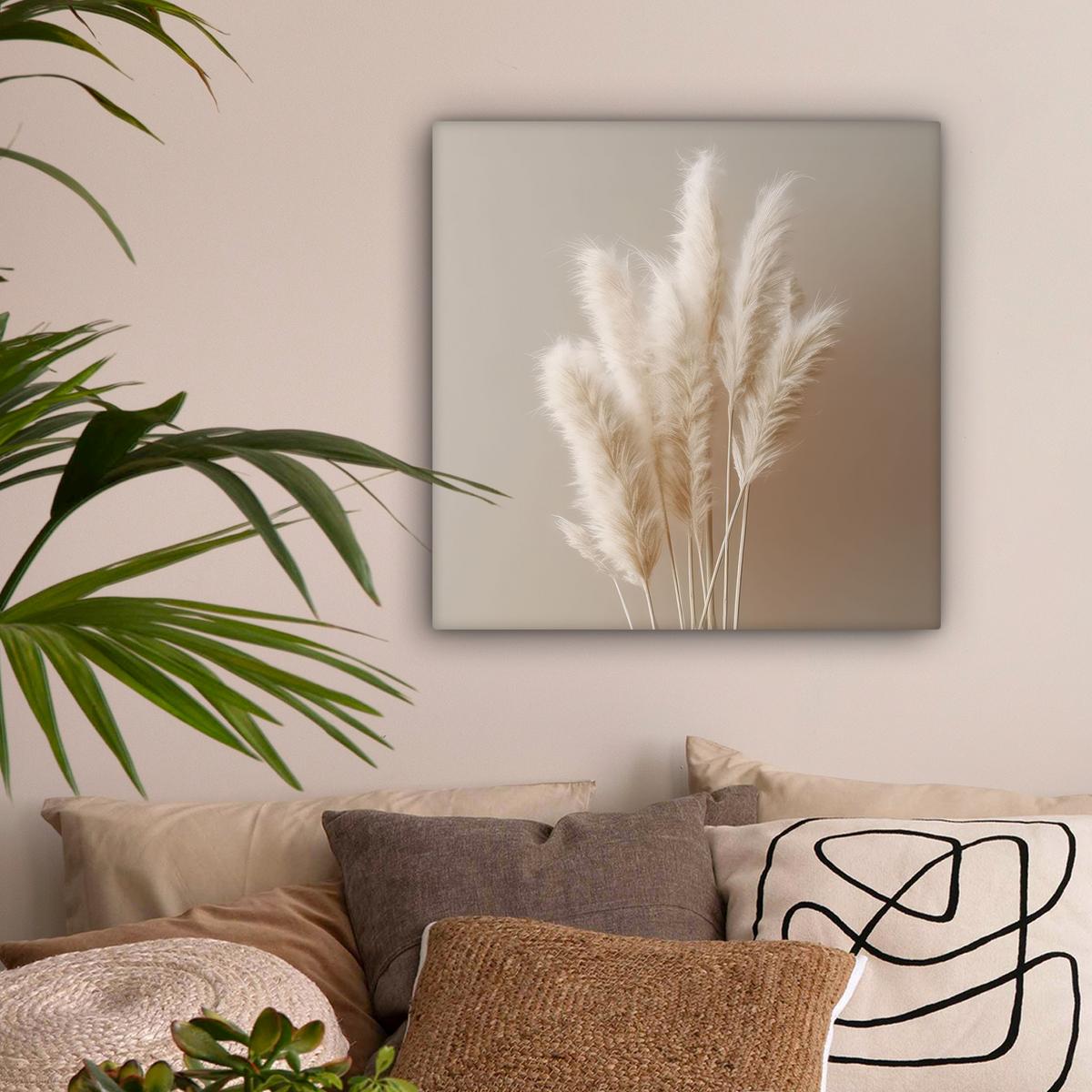 LEINWANDBILD Pampasgras - Federn - Pastell - Weiß Wandbild Wohnzimmer 50x50 cm - Naturfarben, Textil (50/50cm) - MuchoWow