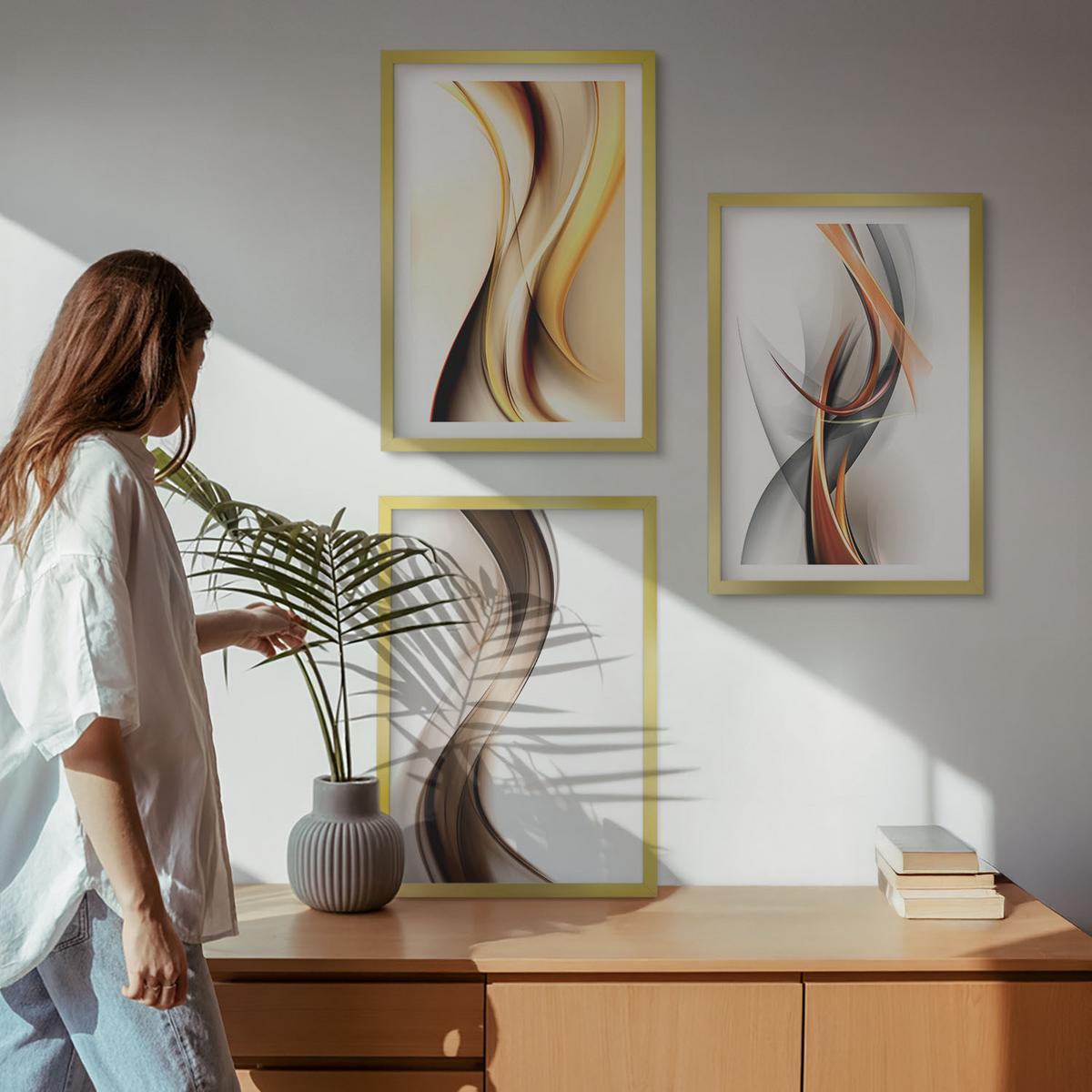 BILDER SET 3er Set - 40x60 cm Goldrahmen - Gelbgrau-braune Wellen - Goldfarben, Kunststoff (40/60cm) - TULUP