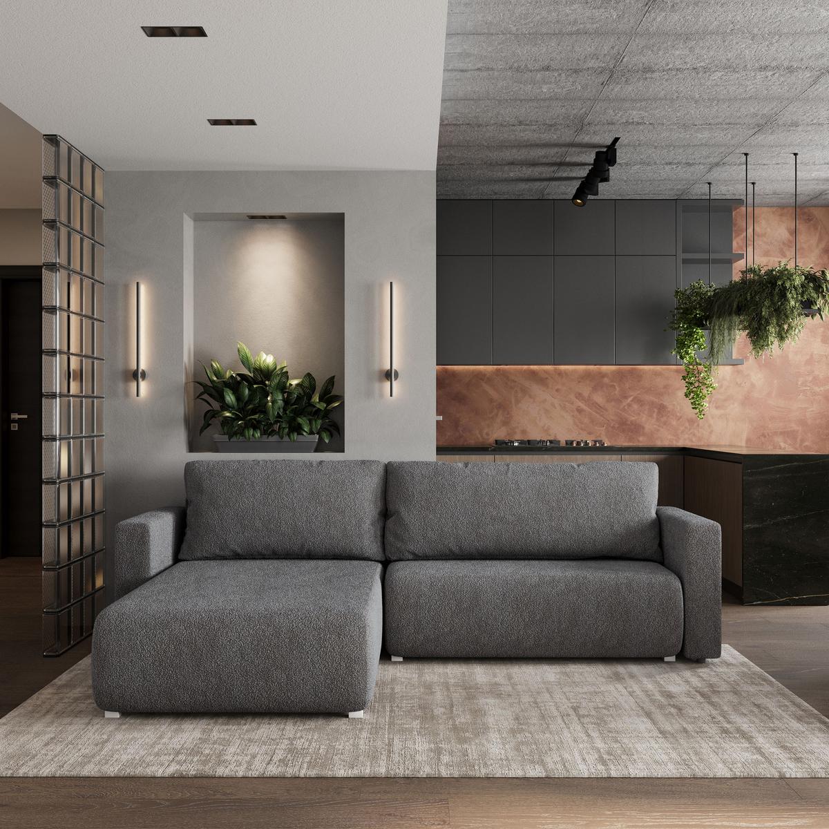 ECKSOFA TURIN N Grau Bucle-Stoff mit Schlaffunktion - Grau, Holz/Kunststoff (265/183cm) - MASSENO
