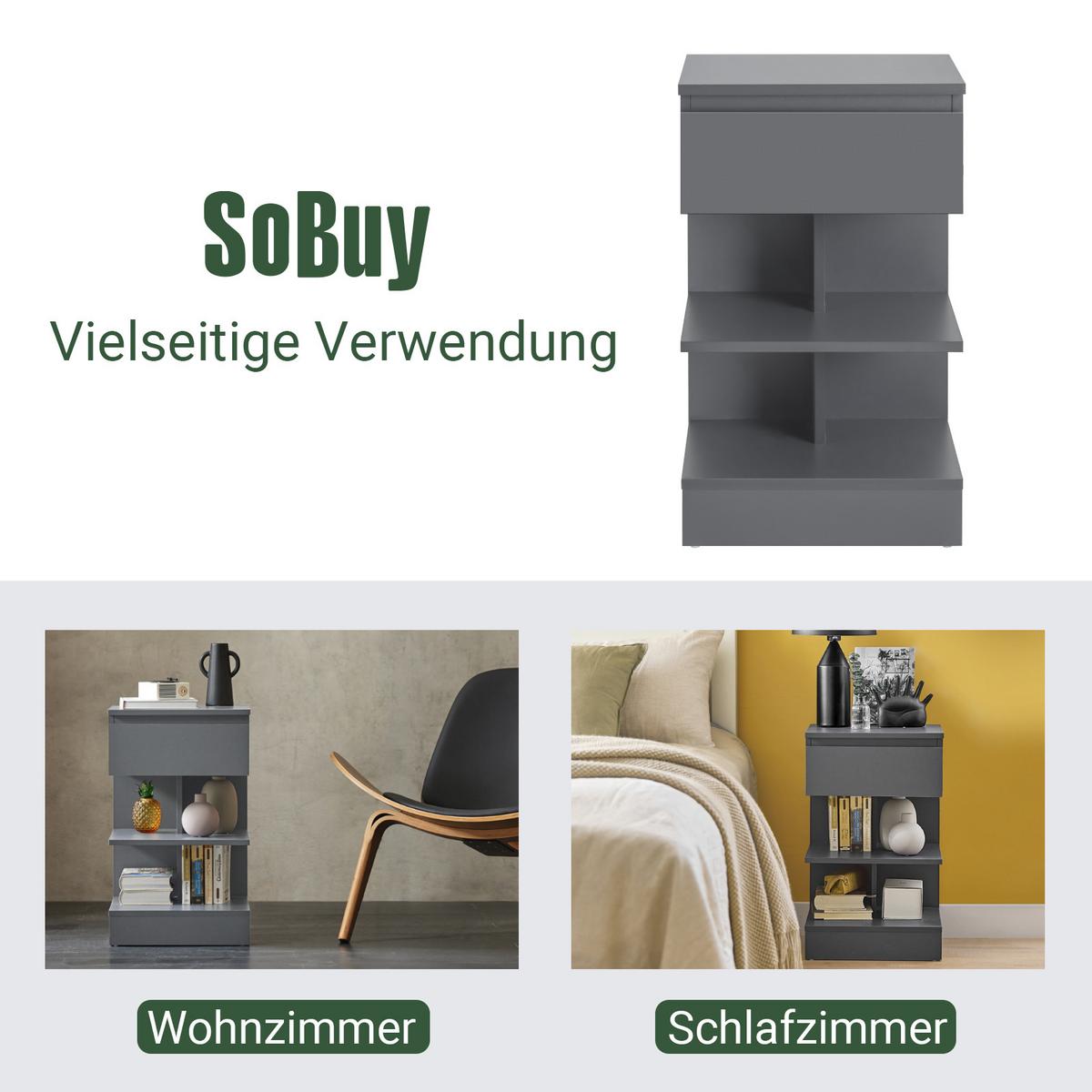 NACHTTISCH Grau - Hellgrau, Holzwerkstoff (39/65/39cm) - SoBuy