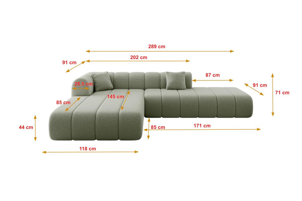 ECKSOFA Ottomane Links BILA-L 289x176x71 Grün Bouclé - Schwarz/Grün, Holzwerkstoff/Kunststoff (176/289cm) - ALTDECOR
