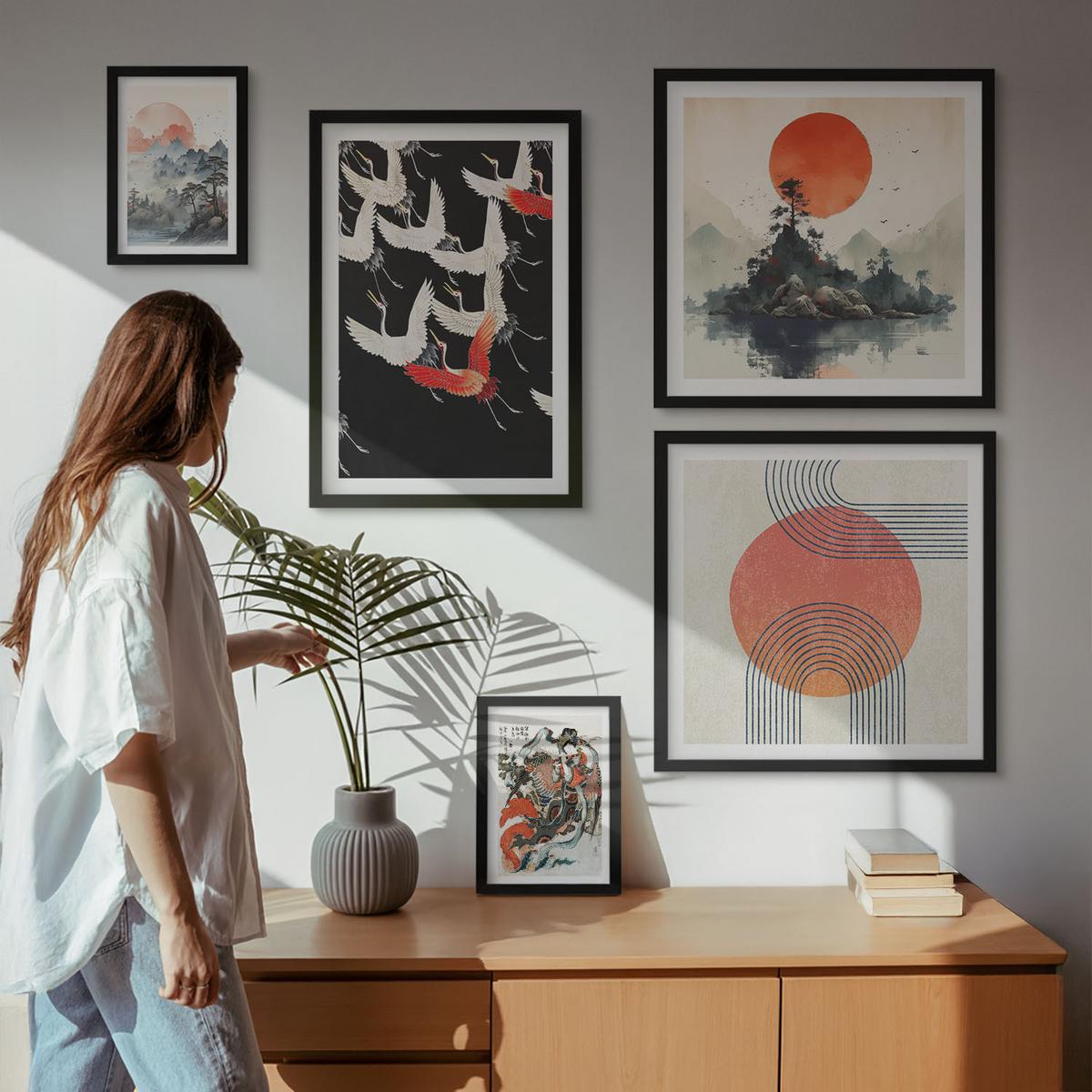BILDER SET 5er Set - 50x50 cm & 20x30 cm & 40x60 cm Schwarzer Rahmen - Asiatische Landschaften Japandi - Schwarz, Kunststoff (40/60cm) - TULUP