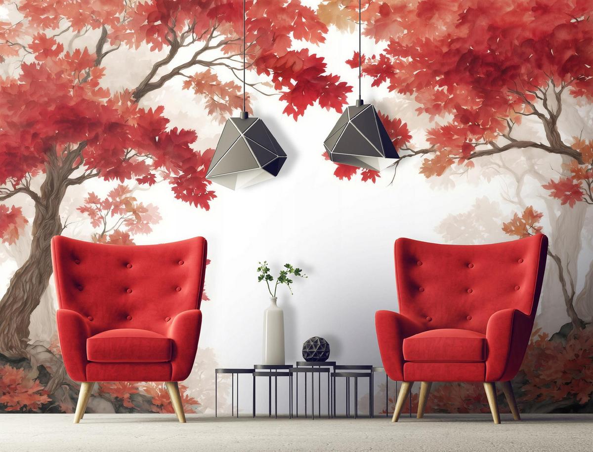 FOTOTAPETE Wald Bäume Rot 200x140 cm - Multicolor, Papier (200/140cm) - Wallarena