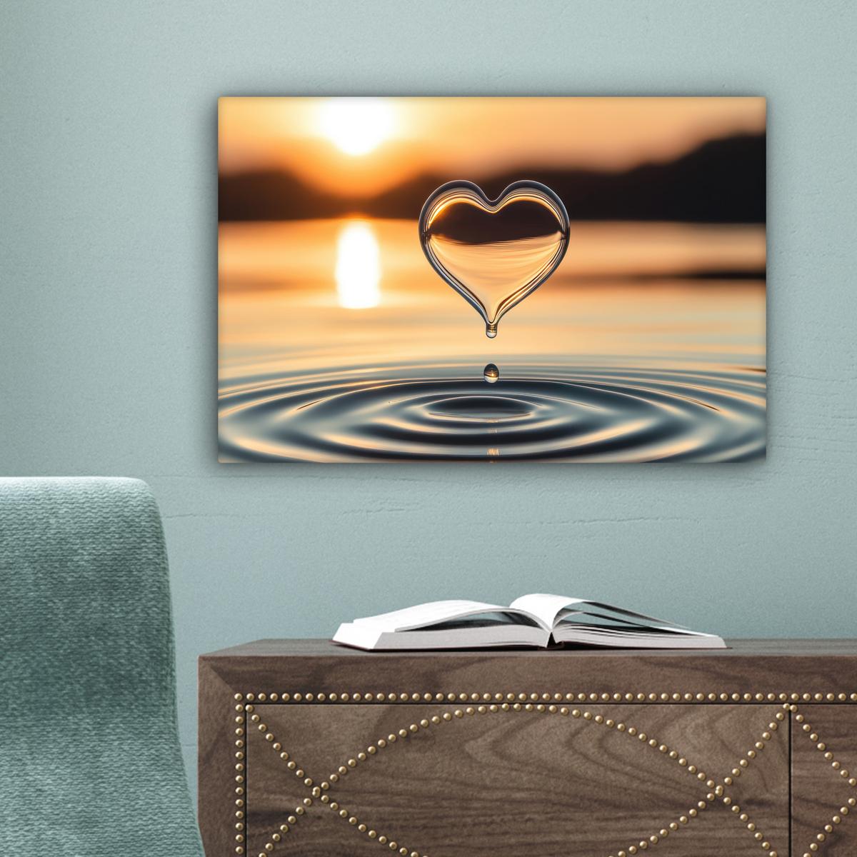 LEINWANDBILD Herz - Wasser - Sonnenuntergang - Natur - Zen Deko Schlafzimmer 30x20 cm - Bernsteinfarben, Textil (30/20cm) - MuchoWow