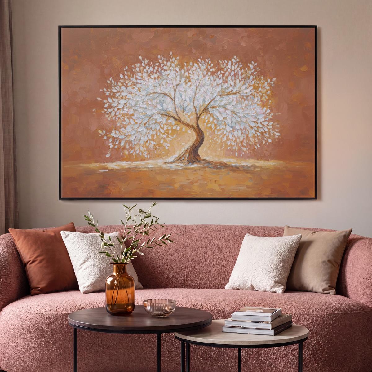 LEINWAND Bilder mit Rahmen - Abstrakt - Baum - Weiß - Blätter - 120x80 - Braun, Textil (120/80cm) - MuchoWow
