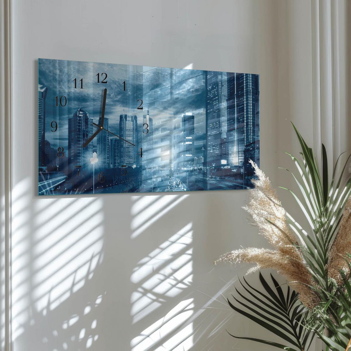 WANDUHR aus Glas 60x30 cm - Stadt bei Nacht - Blau, Glas (60/30/0.4cm) - TULUP