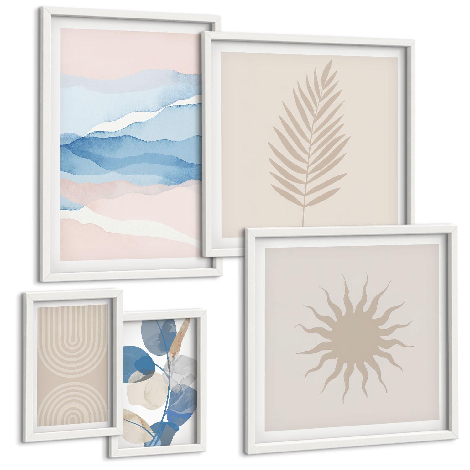 BILDER SET 5er Set - 50x50 cm & 20x30 cm & 40x60 cm Weißer Rahmen - Abstrakte Linien der Sonnenwellen - Weiß, Kunststoff (40/60cm) - TULUP