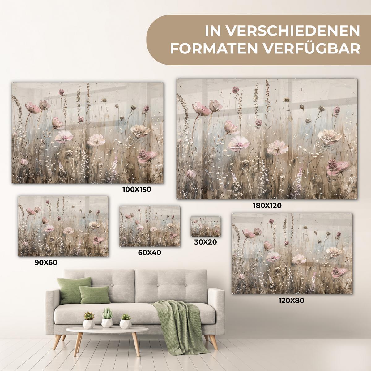 ACRYLGLASBILD Blumen - Rosa - Modern - Beige Room Decor 90x60 cm - Beige, Glas (90/60cm) - MuchoWow
