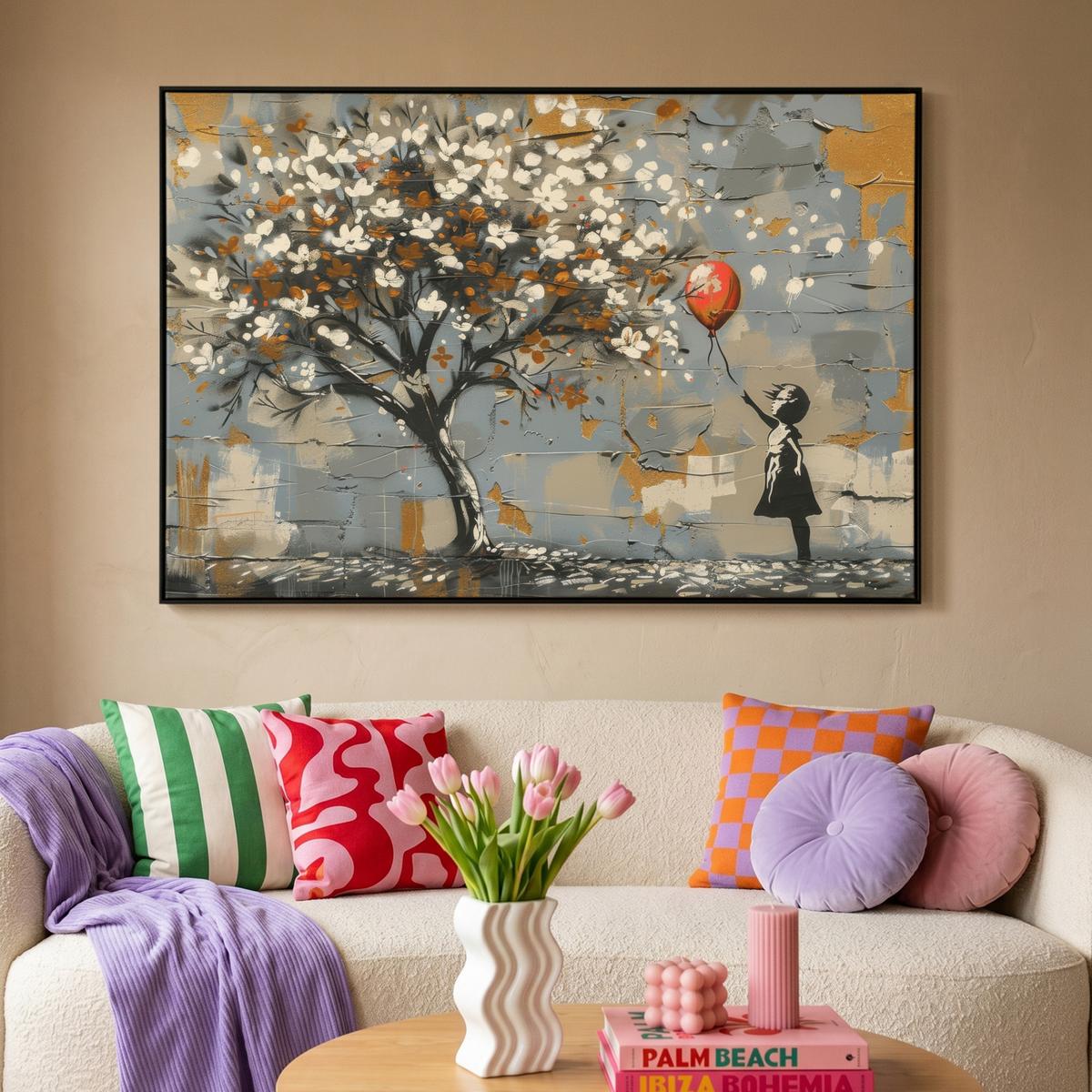 LEINWAND Bilder mit Rahmen - Baum - Graffiti - Banksy-Stil - Ballon-Mädchen - 140x90 - Blaugrau, Textil (140/90cm) - MuchoWow