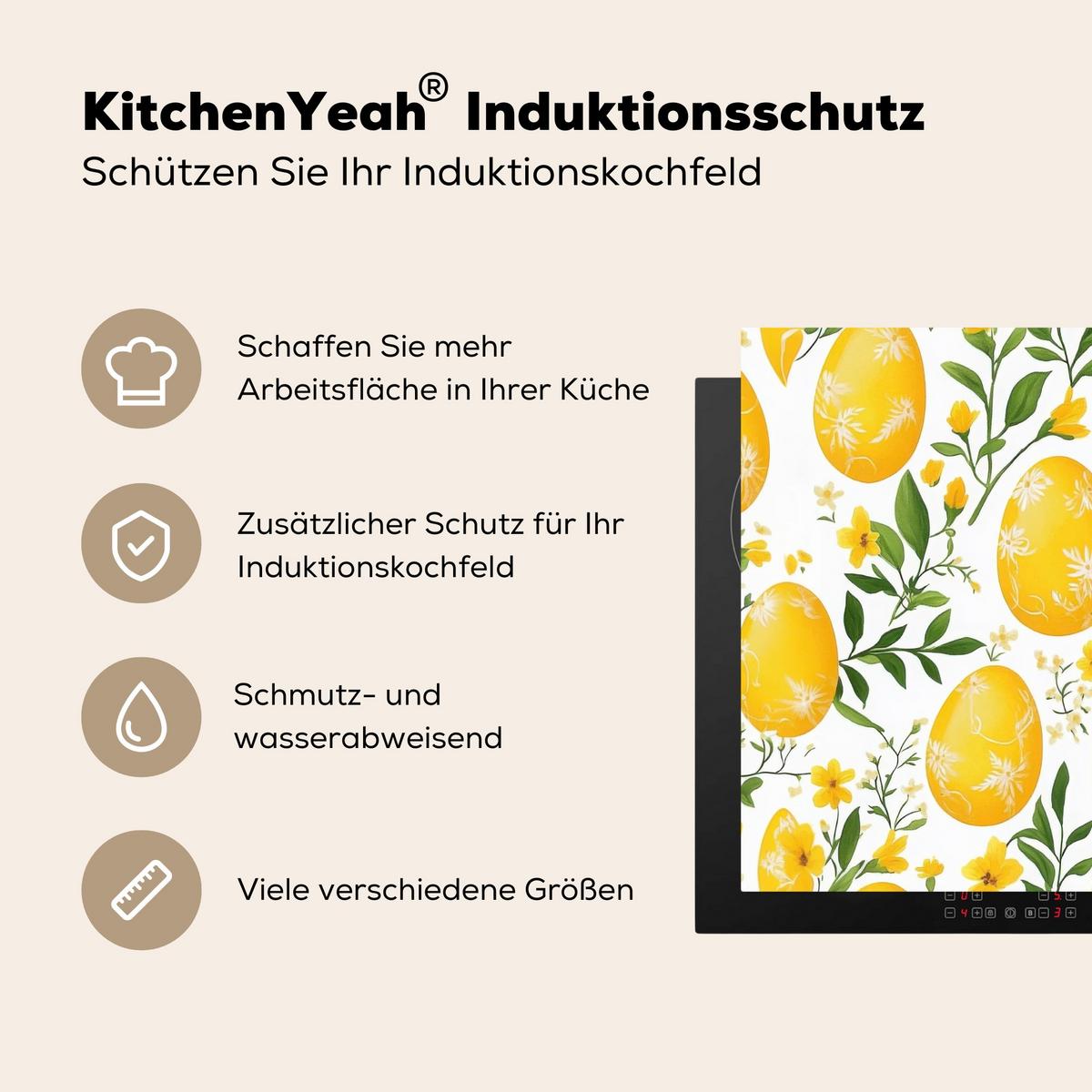 HERDABDECKPLATTE Blumen - Ostereier - Gelb Abdeckung Ceranfeld 58.3x51.3 cm - Gelb, Kunststoff (58.3/51.3/0.2cm) - MuchoWow