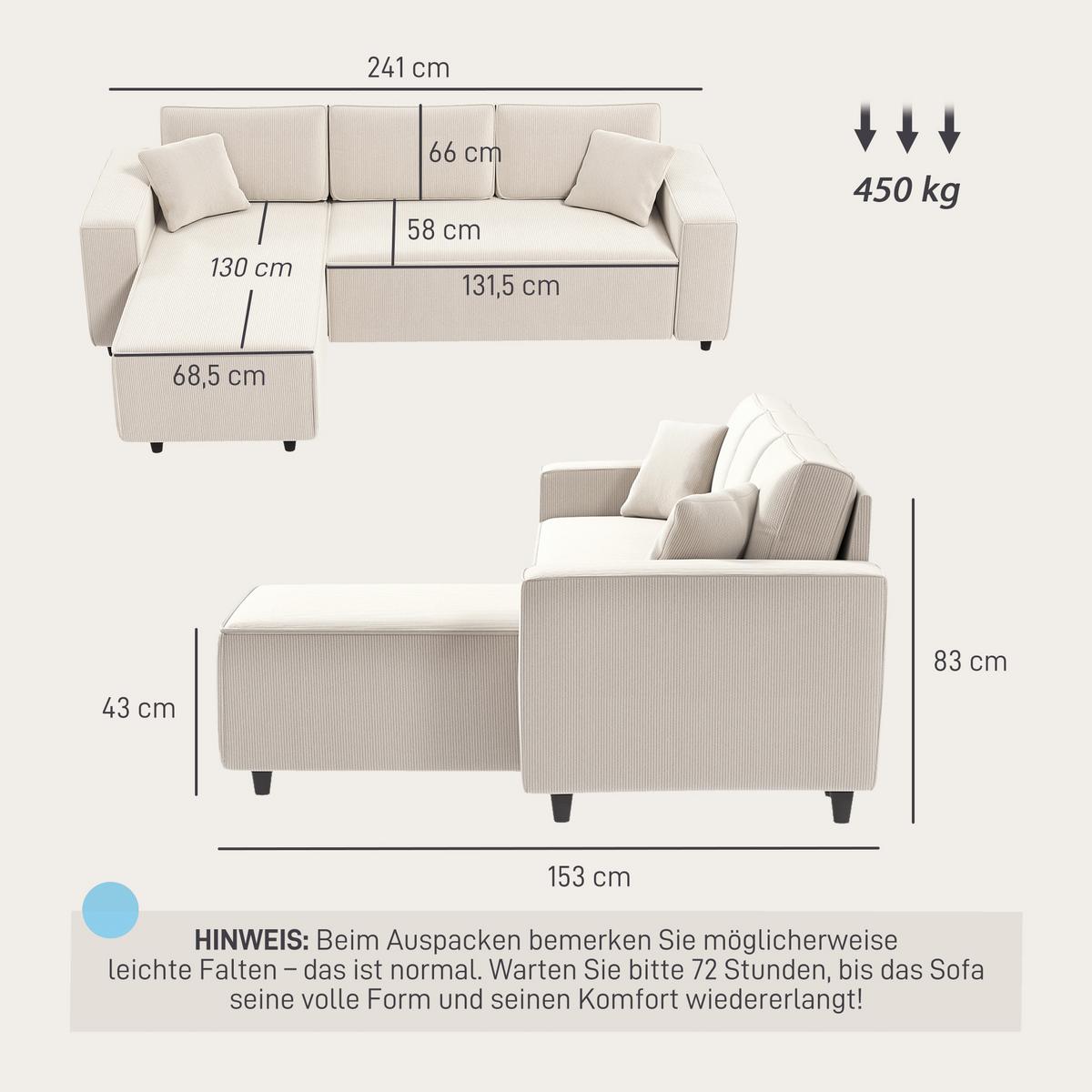 ECKSOFA 3-Sitzer Sofa in L-Form Eckcouch mit Umkehrbarer Chaiselongue Cremeweiß - Weiß, Kunststoff (153/241cm) - HOMCOM