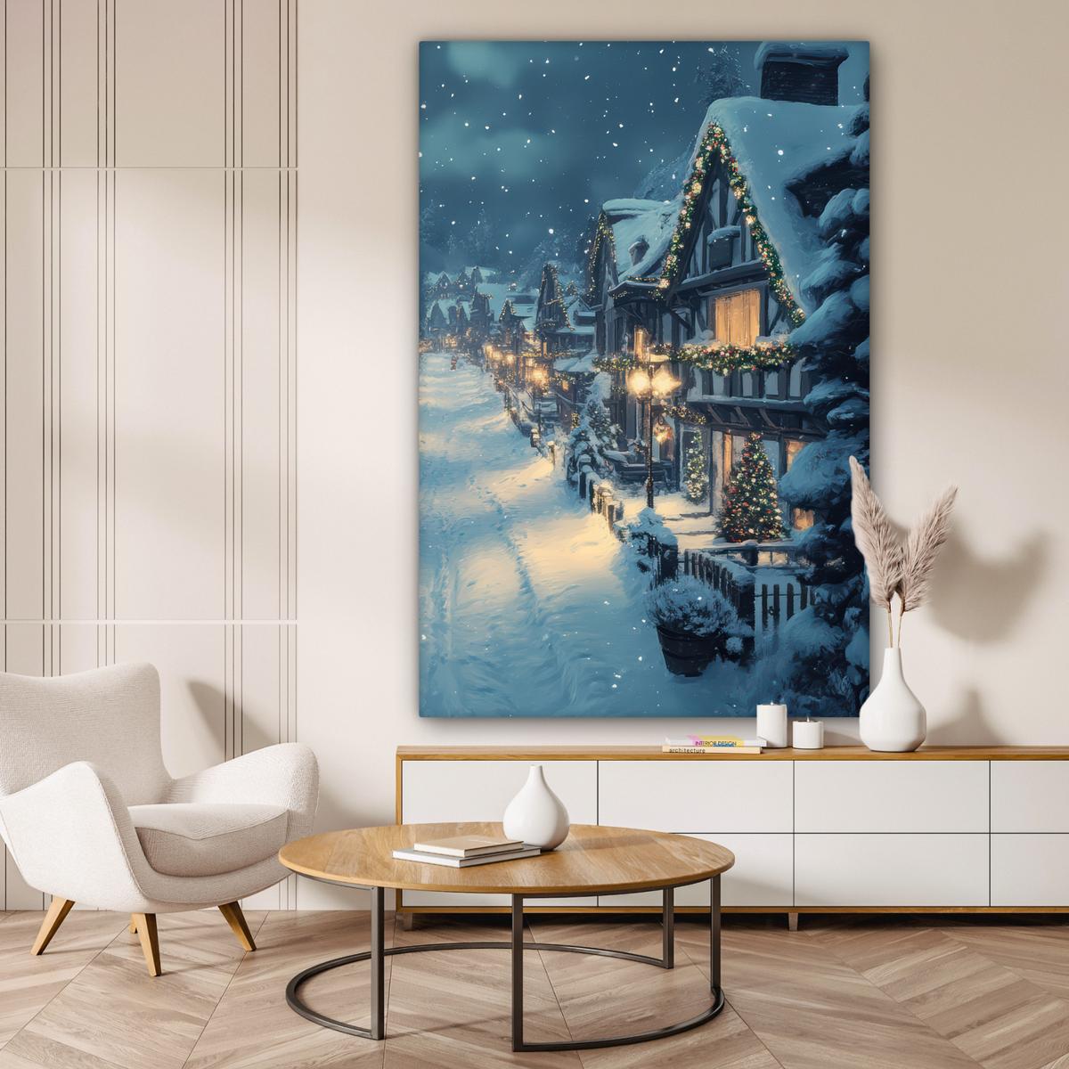 LEINWANDBILD Weihnachtsdorf - Weihnachten - Schnee - Winter Deko Groß 90x140 cm - Dunkelblau, Textil (90/140cm) - MuchoWow