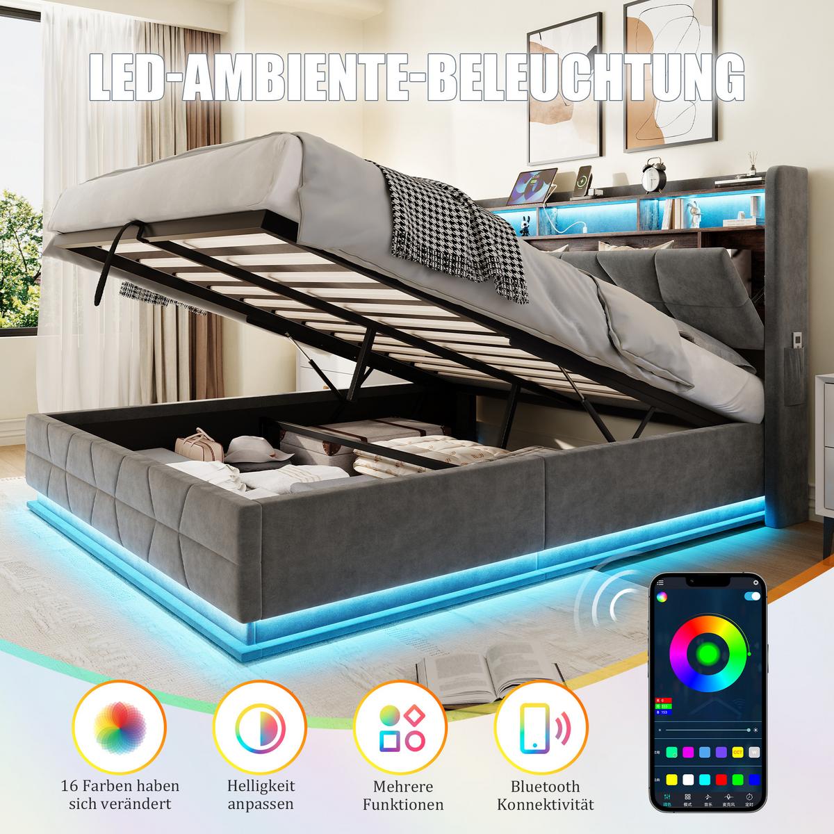 POLSTERBETT samt dunkelgrau 160x200 cm mit led-beleuchtung & usb-ladestation - Dunkelgrau, Textil (160/200cm) - Urban Meuble