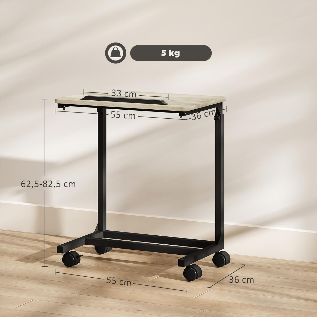 BEISTELLTISCH in C-Form, Höhenverstellbarer Couchtisch mit Rollen Weiß - Eichefarben, Metall (55/36/82.5cm) - HOMCOM