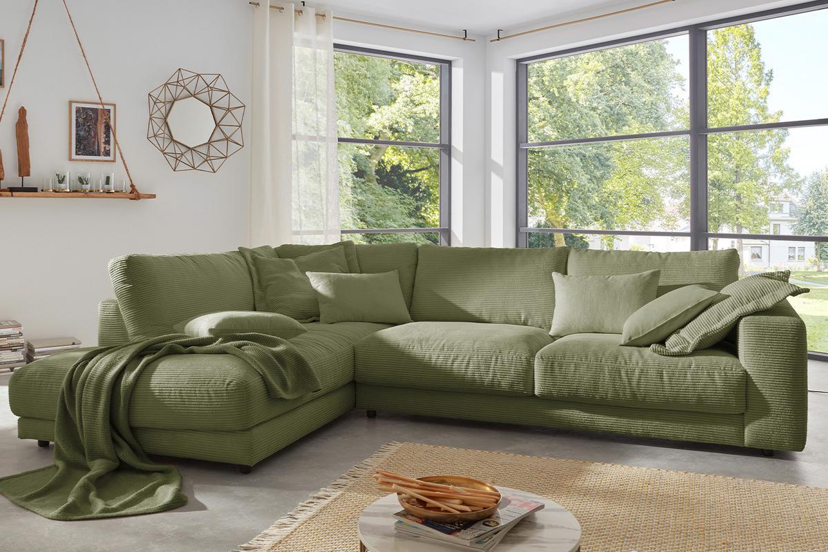 ECKSOFA MADELINE Grün Cord - Schwarz/Olivgrün, Kunststoff/Textil (325/224cm) - KAWOLA