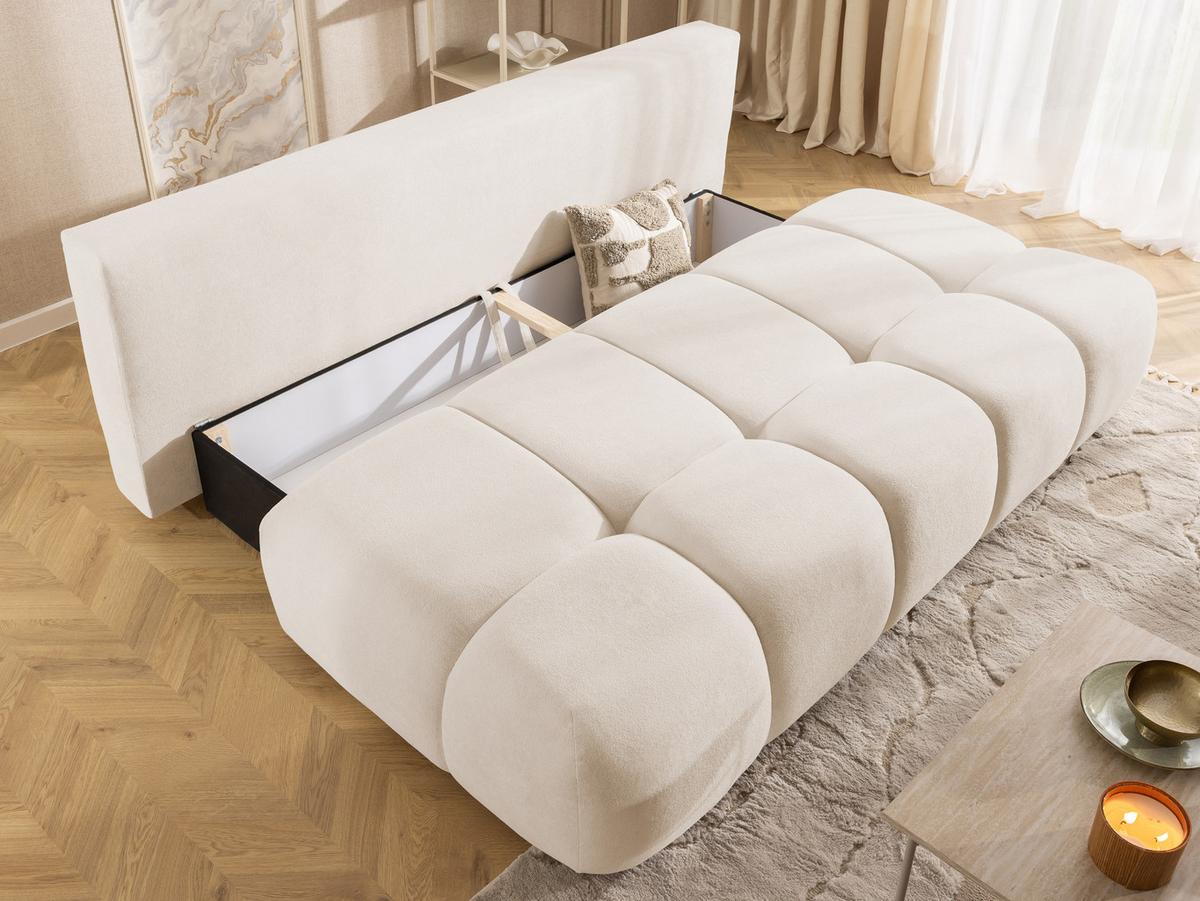 SCHLAFSOFA Belluno aus hochwertigem Beige Plüschstoff mit Bettkasten und tiefen Steppungen in Bubble-Optik - Beige/Schwarz, Holz/Kunststoff (205/87/105cm) - S-Style