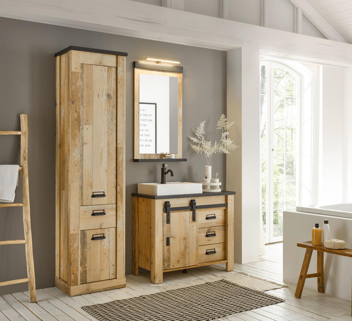 BADMÖBEL-SET 5-teilig, Used Wood hell, anthrazit, Badkombination mit Waschbecken LED Spiegellampe - Eichefarben/Anthrazit, Holzwerkstoff/Metall (166/210/43cm) - Furn.Design