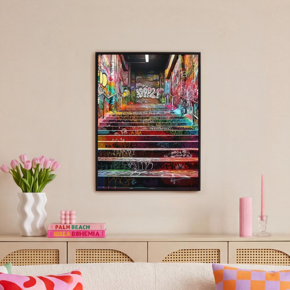 LEINWAND Bilder mit Rahmen - Treppe - Graffiti - Farben - Kunst - 60x80 - Multicolor, Textil (60/80cm) - MuchoWow