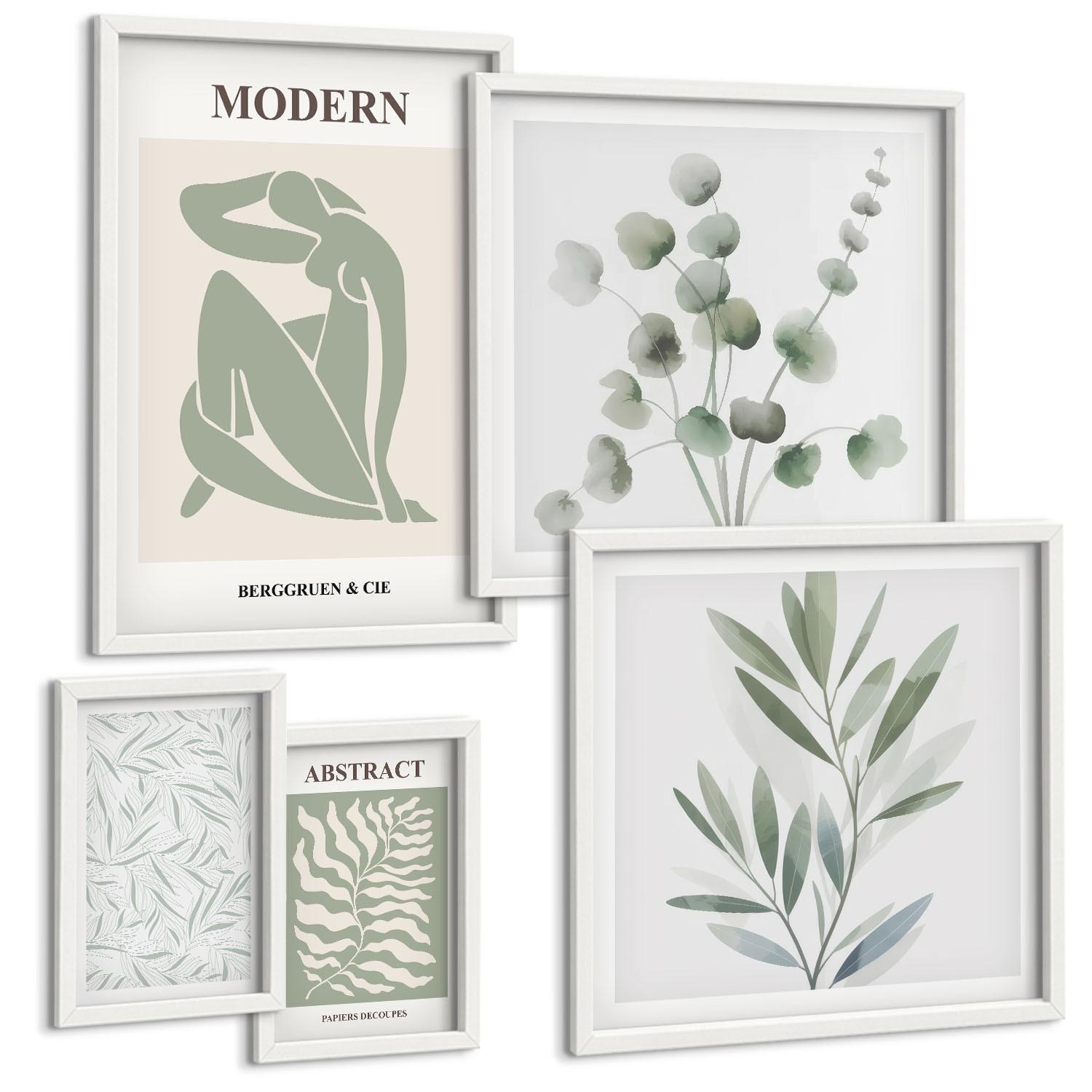 BILDER SET 5er Set - 50x50 cm & 20x30 cm & 40x60 cm Weißer Rahmen - Matisse entwirft Boho-Pflanzen - Weiß, Kunststoff (40/60cm) - TULUP