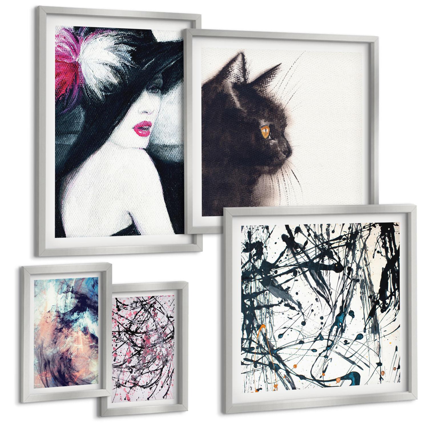 BILDER SET 5er Set - 50x50 cm & 20x30 cm & 40x60 cm Silberner Rahmen - Hintergrundmuster mit Pastellblumen - Silberfarben, Kunststoff (40/60cm) - TULUP