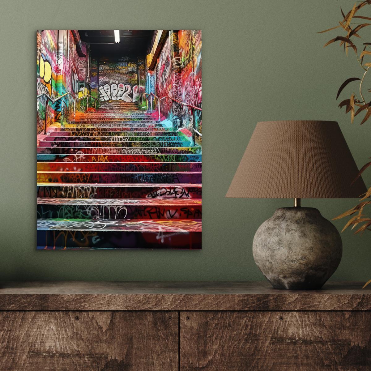 METALLBILD Treppe - Graffiti - Farben - Kunst 30x40 cm - Multicolor, Metall (30/40cm) - MuchoWow