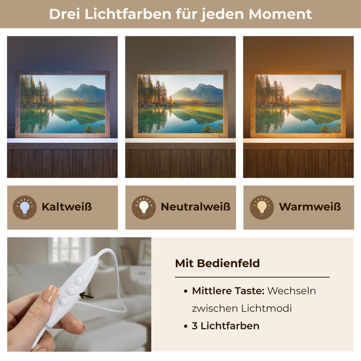 TISCHLEUCHTE See - Wald - Berge - Natur - Sonne - Landschaft 30x20 cm - Currygelb, Holzwerkstoff (8/30/20cm) - OnlyWow