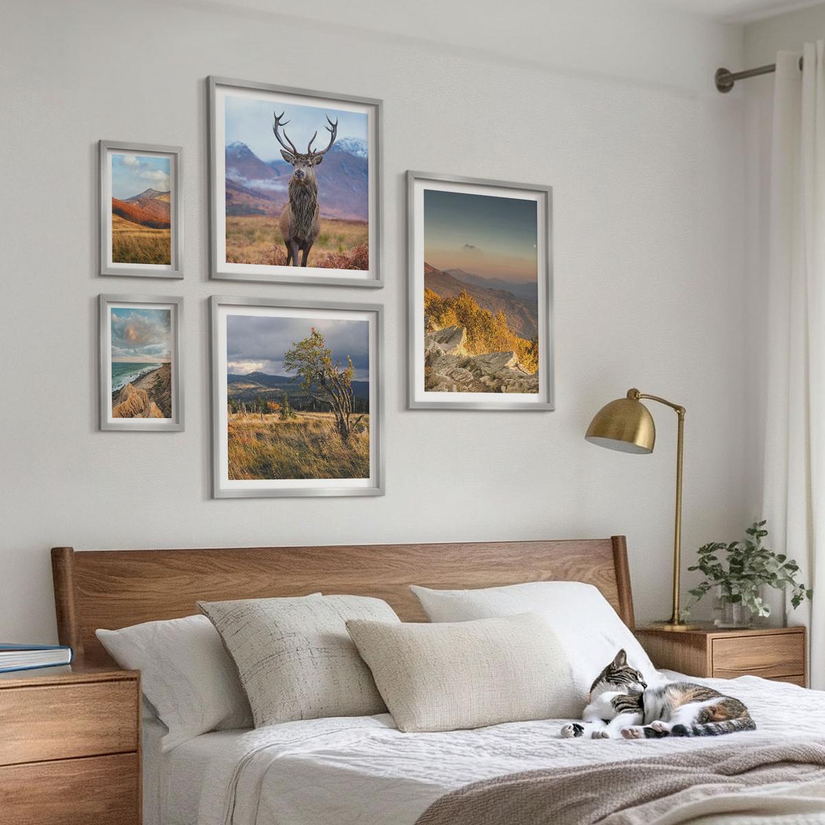 BILDER SET 5er Set - 50x50 cm & 20x30 cm & 40x60 cm Silberner Rahmen - Berglandschaften, Hirschgras - Silberfarben, Kunststoff (40/60cm) - TULUP