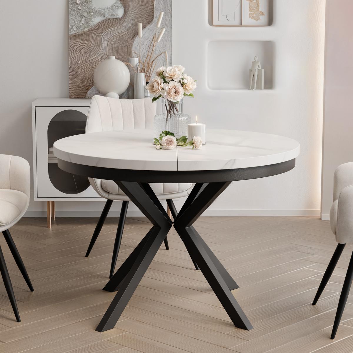 AUSZIEHTISCH MILTON 90-166/76 cm mit Metallgestell und Zarge, Schwarz / Bianco Marmor - Perlmutt/Schwarz, Holzwerkstoff/Metall (90/90/76cm) - Idohome
