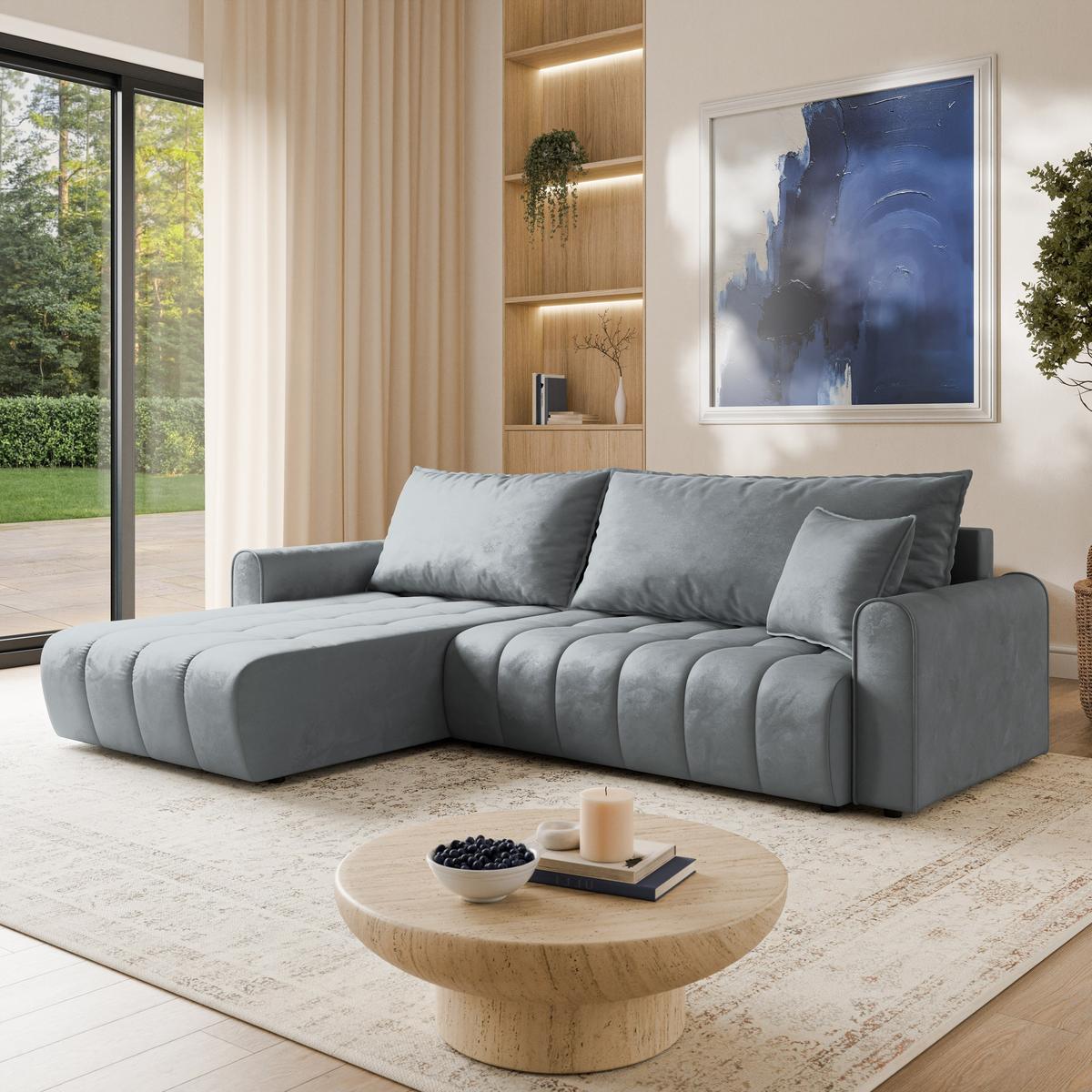 ECKSOFA FRIGA Grau Velours-Stoff mit Schlaffunktion - Grau, Holz (283/185cm) - MASSENO