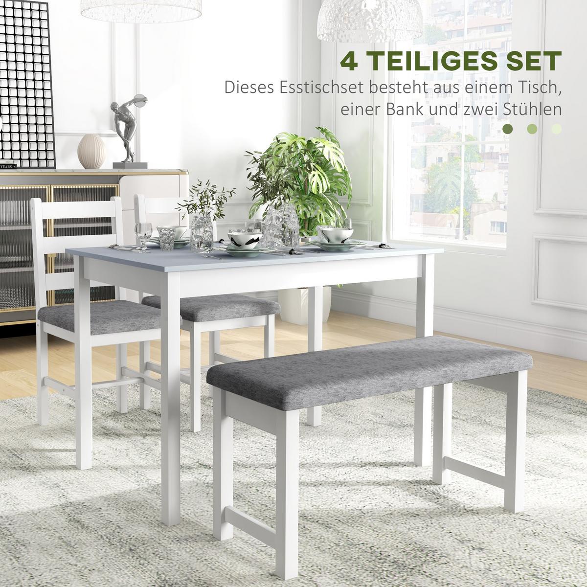 ESSGRUPPE, Esstisch mit 2 Gepolsterten Stühlen, Bank, 4-Teiliges Esstisch-Set - Weiß/Grau, Holz/Textil (65/75/108cm) - HOMCOM