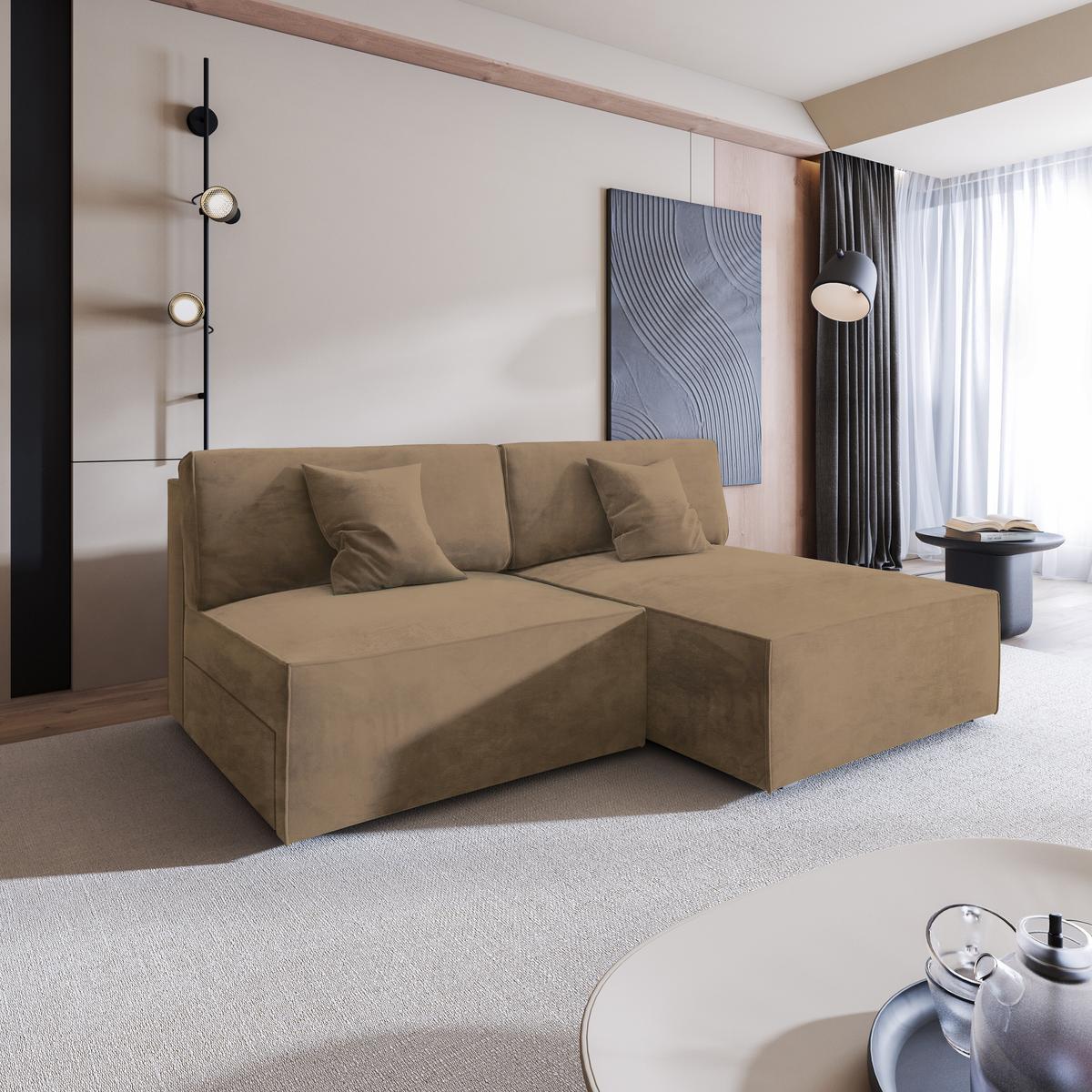 ECKSOFA FIORO M Beige Velours-Stoff mit Schlaffunktion - Beige/Grau, Holz/Kunststoff (204/148cm) - MASSENO