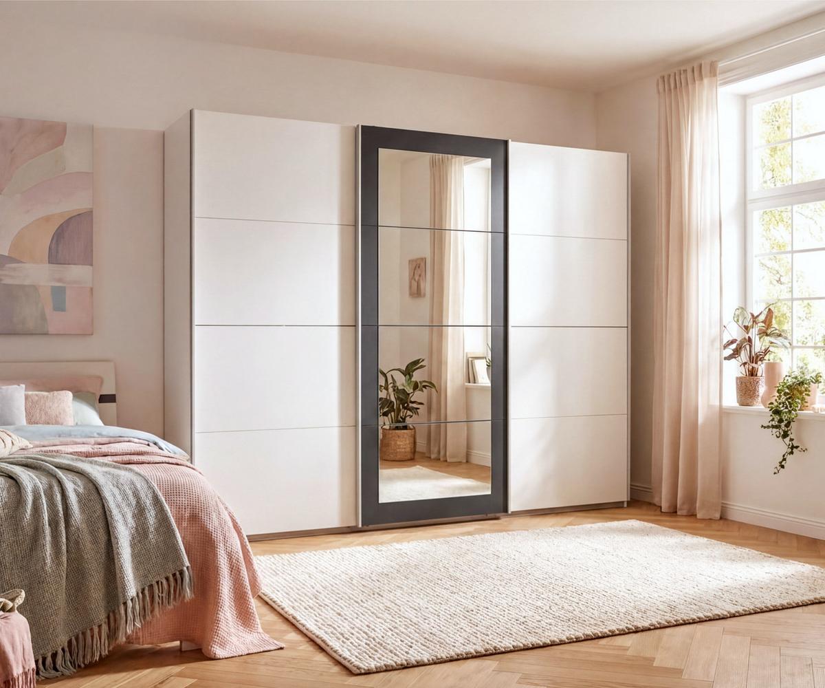 SCHWEBETÜRENSCHRANK 3-türig B270/H208/64 cm Kleiderschrank in Weiß, Spiegel umrahmt in Grafit, Griffe Weiß / 22629 - Graphitfarben/Weiß, Holzwerkstoff/Metall (270/208/64cm) - luma-home