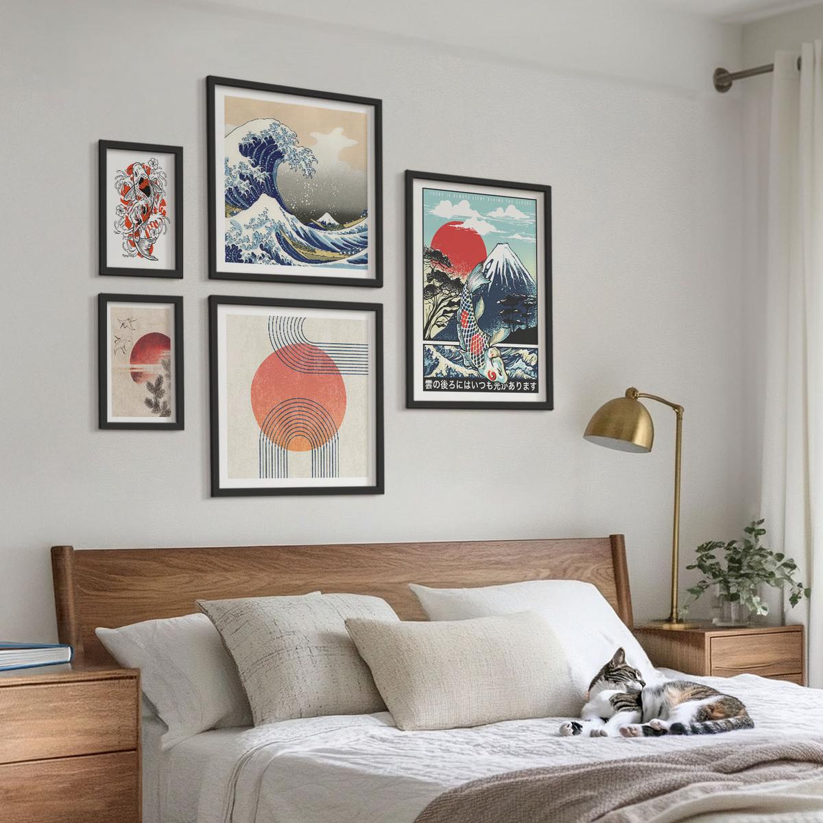 BILDER SET 5er Set - 50x50 cm & 20x30 cm & 40x60 cm Schwarzer Rahmen - Illustrationen von Fischbergen, die sich in Japan ausbreiten - Schwarz, Kunststoff (40/60cm) - TULUP