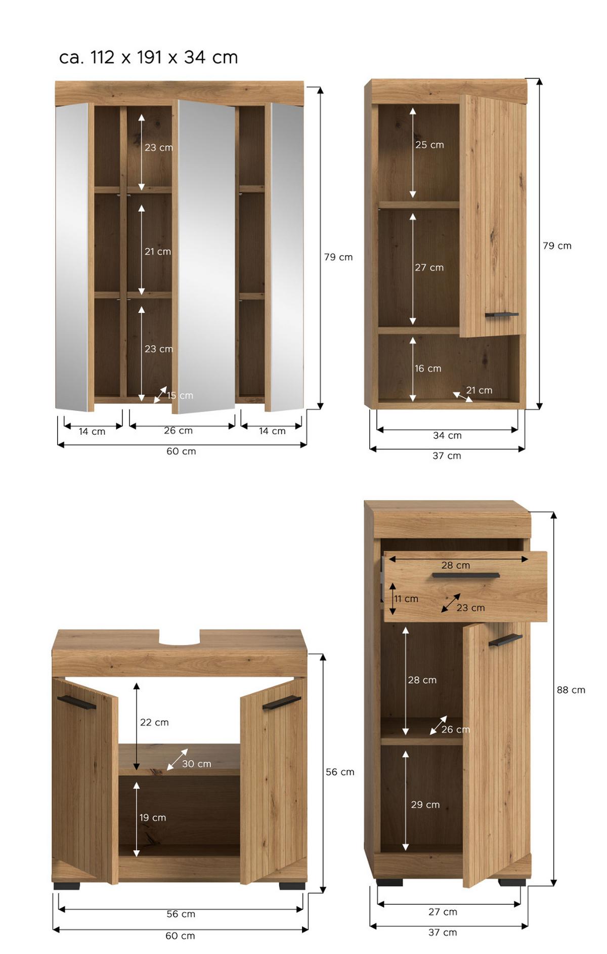 BADMÖBEL-SET 4-teilig Eiche Artisan 112 x 191 cm, Badkombination modernes Design - Schwarz/Eiche Artisan, Glas/Holzwerkstoff (112/191/34cm) - Inn.Furn