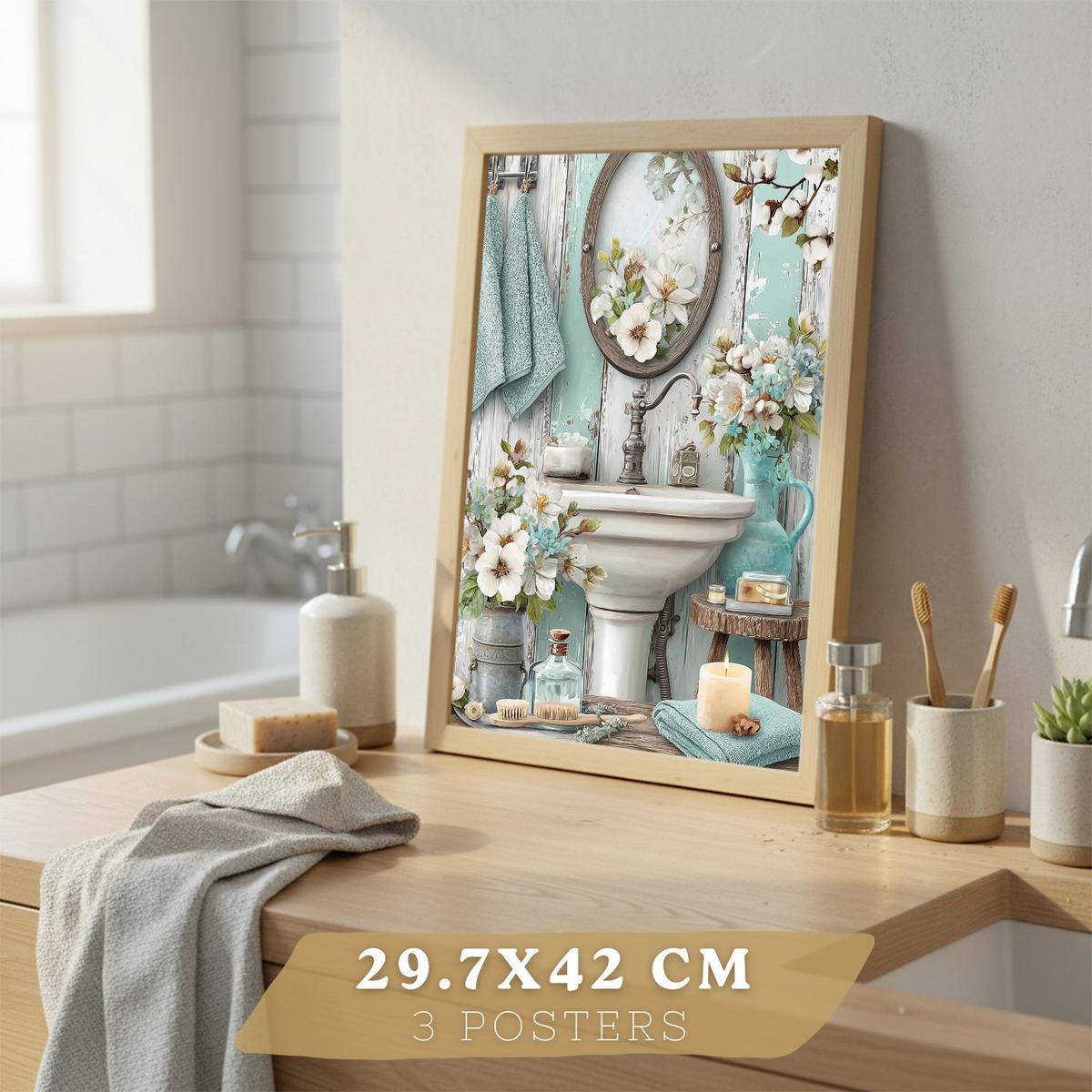 POSTER Set 3 dekorative Badezimmer-Poster im Cottage-Stil für Wand, Waschbecken, florale Dekoration mit Badezimmermöbeln Leichter Holzrahmen A3 - Beige, Papier (42/29.7/3cm) - Nacnic