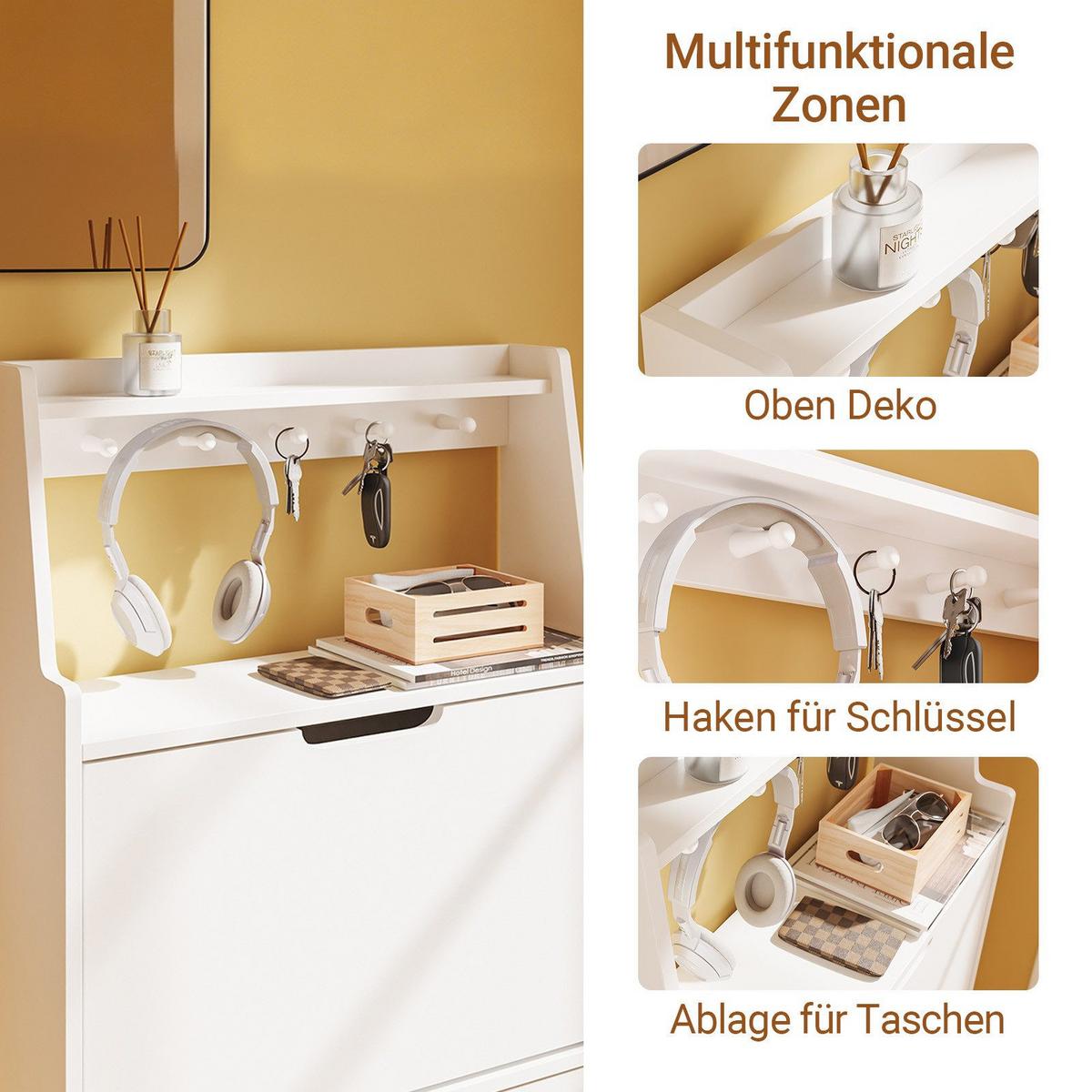 SCHUHSCHRANK schmal mit 2 Klappen und Haken Weiß 60x19x119cm - Weiß, Holzwerkstoff (19/119/60cm) - SoBuy
