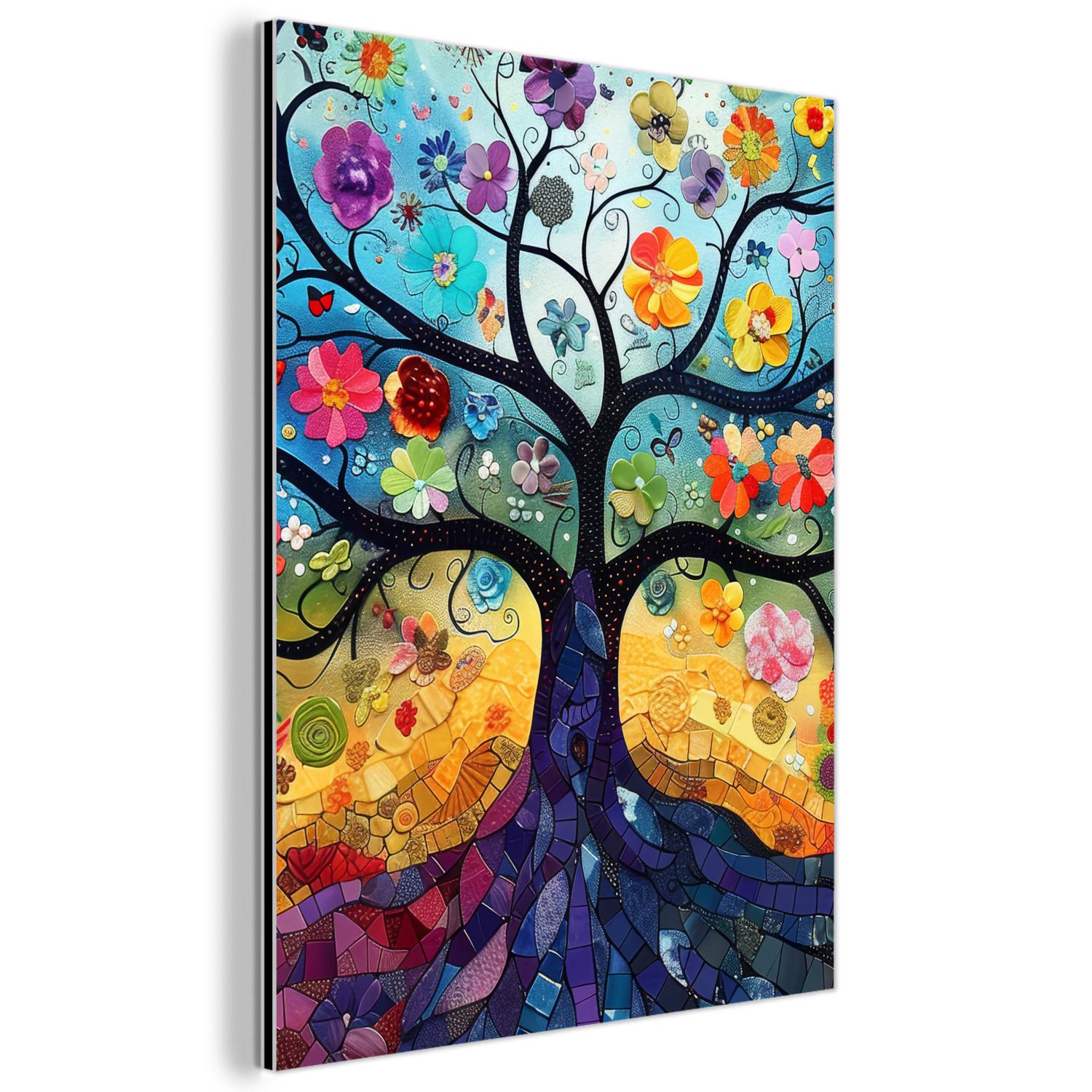 METALLBILD Kunst - Baum des Lebens - Blumen - Hippie 60x80 cm - Dunkelblau, Metall (60/80cm) - MuchoWow