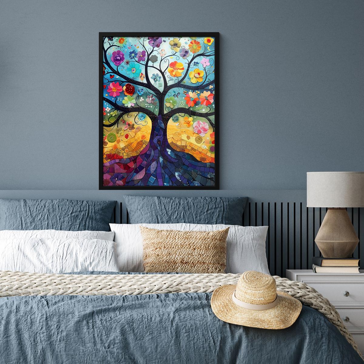 POSTER MIT RAHMEN Kunst - Baum des Lebens - Blumen - Hippie Posterleiste 60x80 cm - Dunkelblau, Papier (60/80cm) - MuchoWow