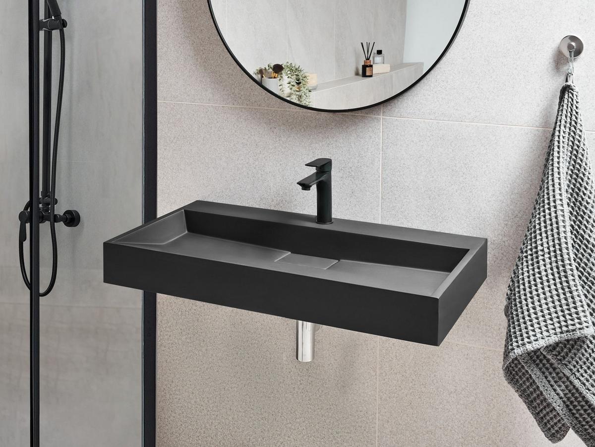 HÄNGEWASCHBECKEN Schwarz 90/46 cm Mineralguss Quenko - Schwarz, Naturmaterialen (90/12/46cm) - Beliani
