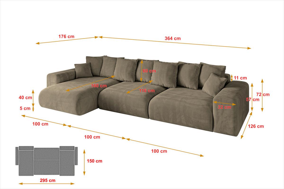 ECKSOFA Ottomane links ESKAR-L2 364x176x72 Braun Velours - Schwarz/Braun, Holzwerkstoff/Kunststoff (364/176cm) - ALTDECOR