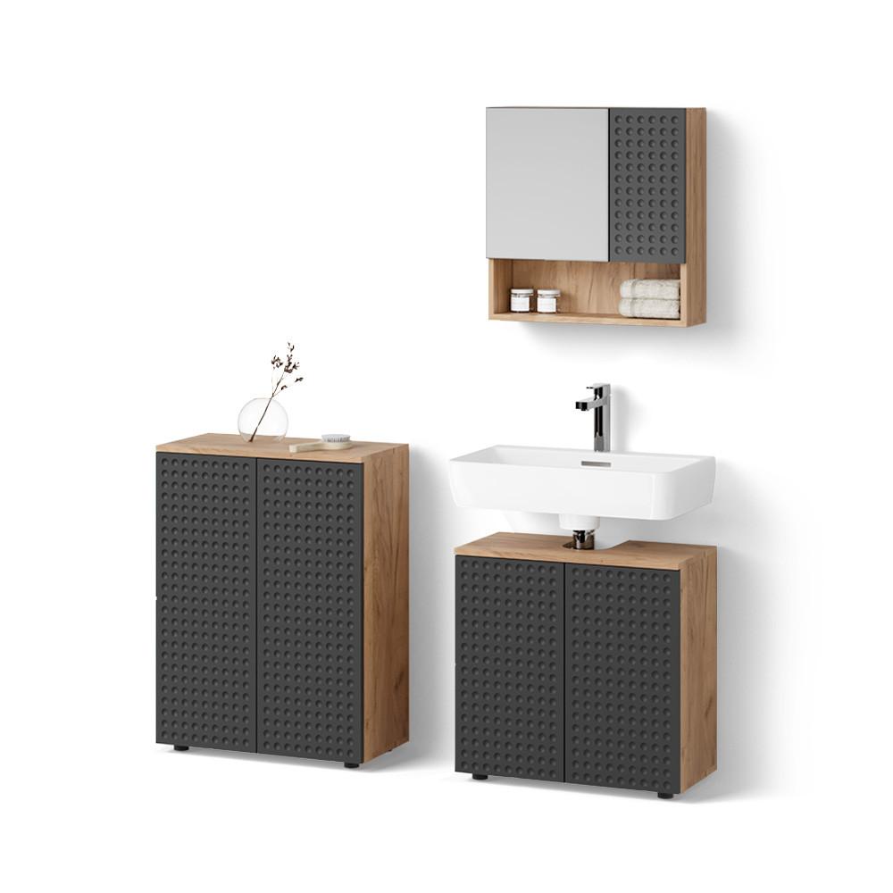 BADMÖBEL-SET Ronco Anthrazit gepunktet 3 Teile, mit Unterschrank 60 cm - Anthrazit, Holzwerkstoff (80/58.6/41cm) - Livinity®