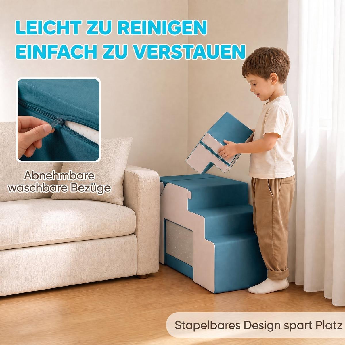 KINDER-SPIELSOFA 2er Set Samt Schaumstoff Blau - Dunkelblau, Textil (39/131cm) - AIYAPLAY