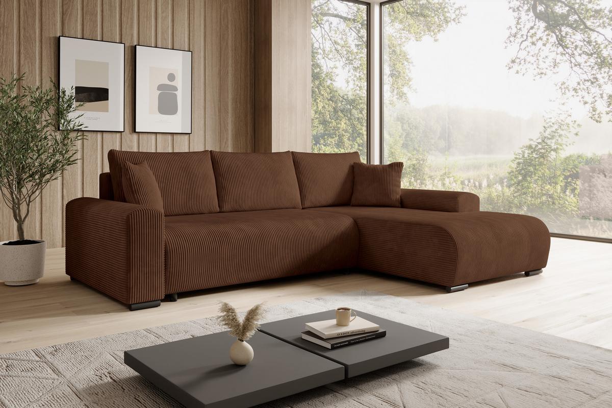 ECKSOFA Nelly mit Bettkasten und Schlaffunktion, Cordstoff in L-Form - Braun, Textil (270/185cm)