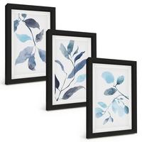 BILDER SET 3er Set - 20x30 cm Schwarzer Rahmen - Aquarell von blauen Blättern - Schwarz, Kunststoff (20/30cm) - TULUP
