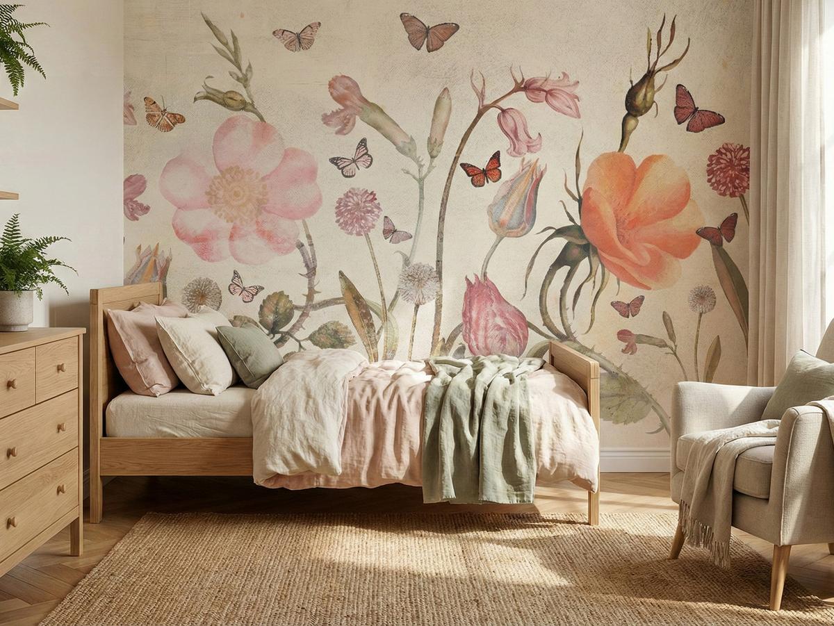 FOTOTAPETE für Kinderzimmer Wiesenblumen Aquarell Schmetterlinge Boho 450x315 - Beige/Rot, Papier (450/315cm) - Muralo