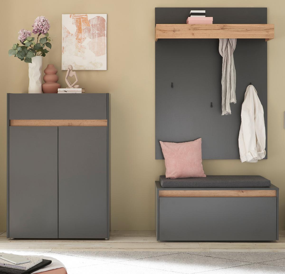GARDEROBEN-SET grau Eiche Wotan 4-teilig 195 cm, Flurgarderobe inklusive Sitzkissen - Eiche Wotan/Schwarz, Holzwerkstoff/Kunststoff (195/200/40cm) - Furn.Design